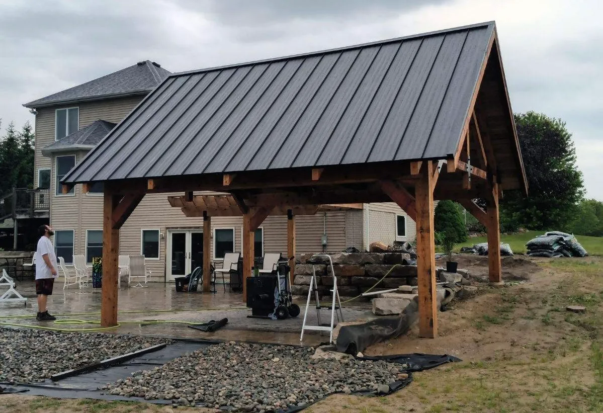 Custom pavilion with standing seam metal roof built by DG Builders in Livingston County Michigan